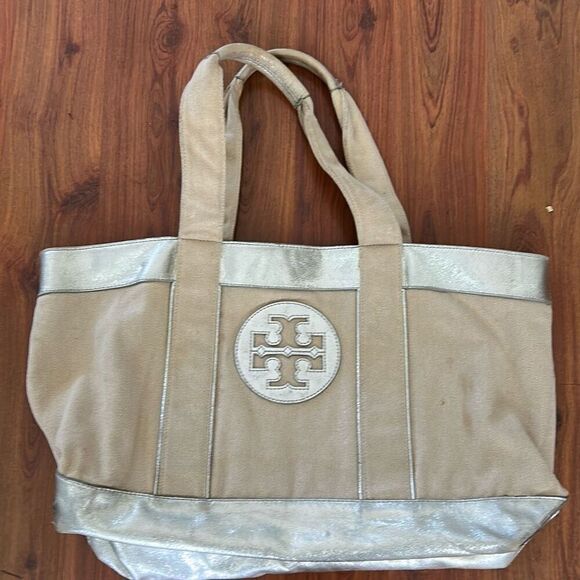 Tory Burch canvas and silver leather large tote bag - Picture 1 of 12